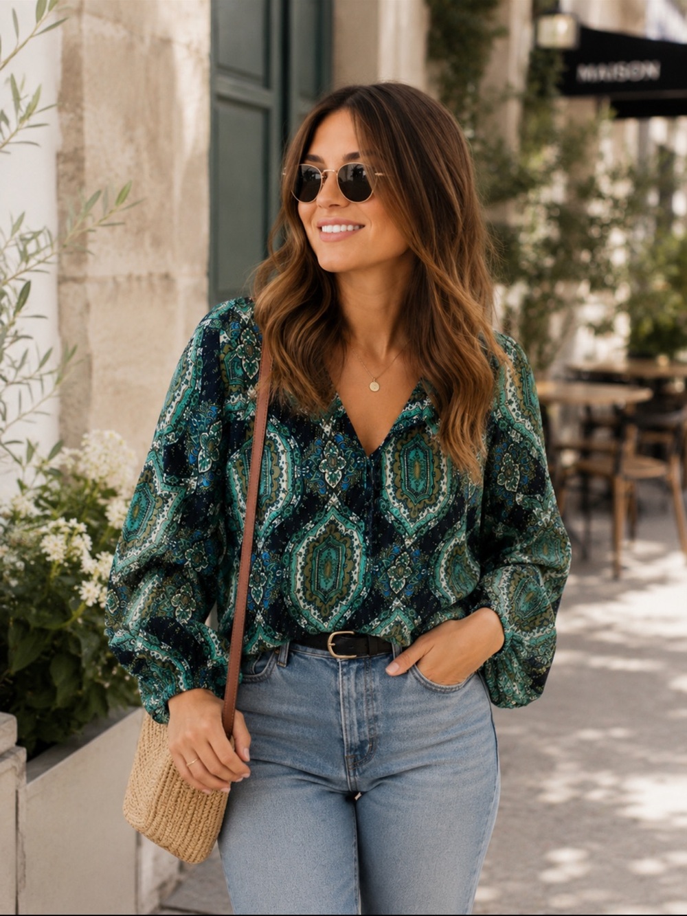 Lee Vintage Teal Paisley Chiffon V Neck Long Sleeve Boho Blouse Large